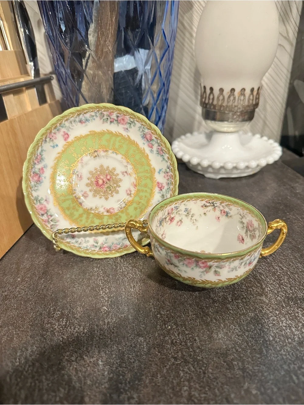 Haviland Porcelain Two-Handled Soup Cup and Saucer in Green, Pink and Gold